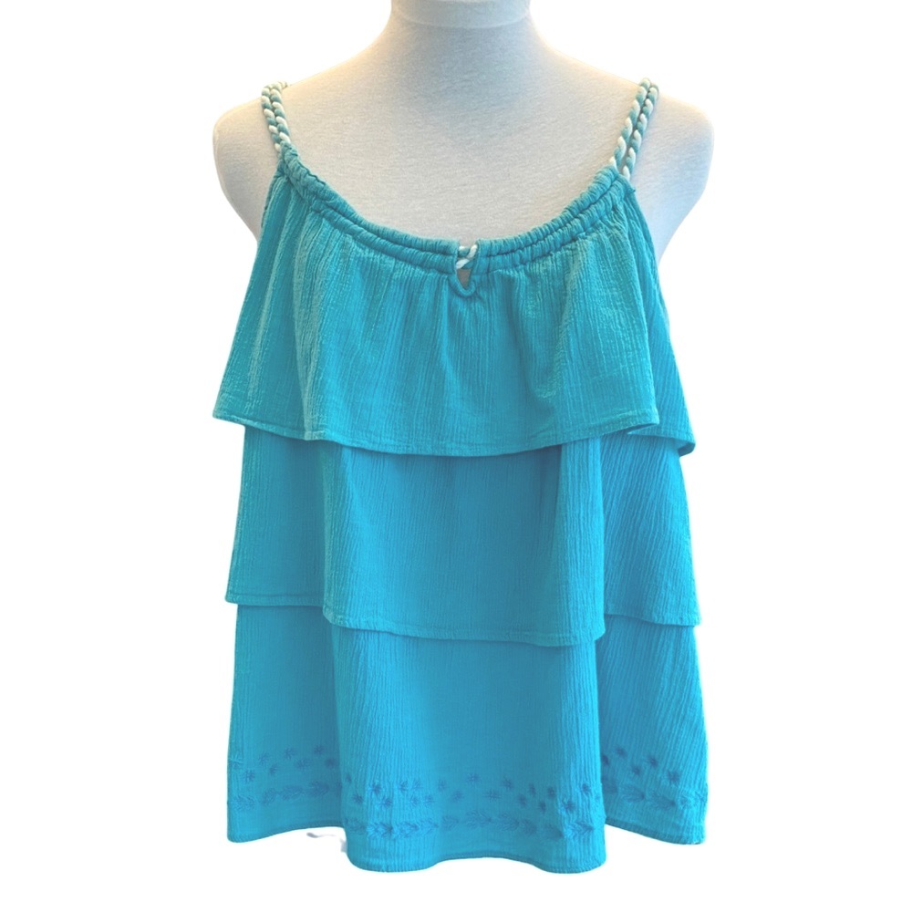 Route 66 twisted rope straps tiered crepe summer camisole top. Women’s size L